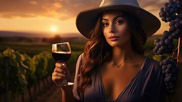 magnifique fille gorgées rouge du vin dans une vignoble à le coucher du soleil , français rouge du vin photo