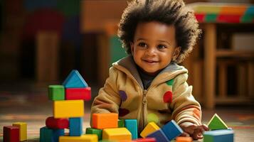 mignonne peu africain américain enfant apprentissage en jouant avec en bois blocs dans le maison photo