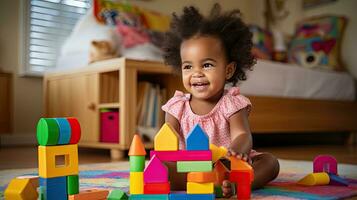 mignonne peu africain américain enfant apprentissage en jouant avec en bois blocs dans le maison photo