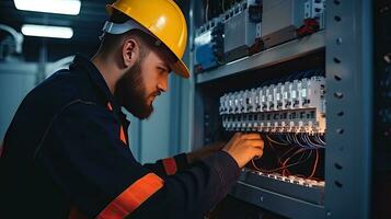 électricien ingénieur avec plan à vérifier électrique la fourniture dans de face de contrôle fusible tableau électrique photo