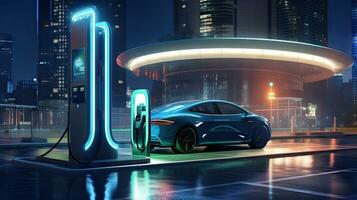 ev mise en charge station pour futur électrique voitures dans le concept de vert énergie et écologique énergie photo