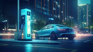 ev mise en charge station pour futur électrique voitures dans le concept de vert énergie et écologique énergie photo