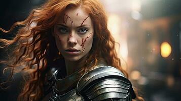 magnifique femelle guerrier dans médiéval métal armure avec épée. Fée conte histoires à propos guerriers, film Ton photo