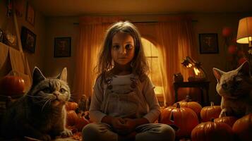 groupe de les enfants habillé en haut pour Halloween, 3 les enfants ayant amusement sur Halloween photo