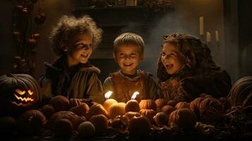 groupe de les enfants habillé en haut pour Halloween, 3 les enfants ayant amusement sur Halloween photo