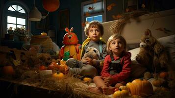 groupe de les enfants habillé en haut pour Halloween, 3 les enfants ayant amusement sur Halloween photo