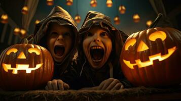 groupe de les enfants habillé en haut pour Halloween, 3 les enfants ayant amusement sur Halloween photo