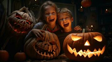 groupe de les enfants habillé en haut pour Halloween, 3 les enfants ayant amusement sur Halloween photo