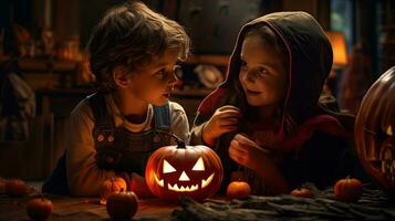 groupe de les enfants habillé en haut pour Halloween, 3 les enfants ayant amusement sur Halloween photo