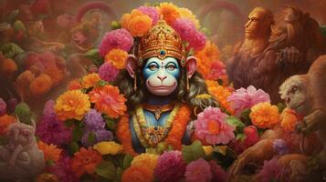 3d illustration de le Indien Dieu hanuman avec une floral Contexte alentours il. photo