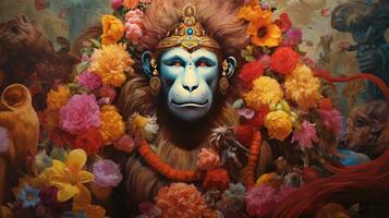 3d illustration de le Indien Dieu hanuman avec une floral Contexte alentours il. photo