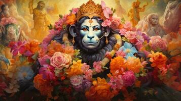 3d illustration de le Indien Dieu hanuman avec une floral Contexte alentours il. photo