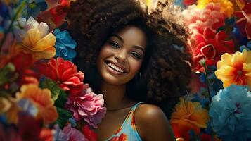 beauté de une magnifique africain femme avec une Contexte de coloré fleurs. photo