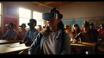 éducatif innovation femelle étudiant dans virtuel réalité des lunettes rejoint prof pendant leçon dans brillant salle de cours à école photo