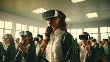 éducatif innovation femelle étudiant dans virtuel réalité des lunettes rejoint prof pendant leçon dans brillant salle de cours à école photo
