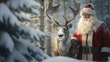 Père Noël claus est près le sien renne dans le neigeux forêt photo