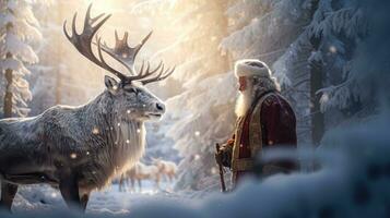 Père Noël claus est près le sien renne dans le neigeux forêt photo