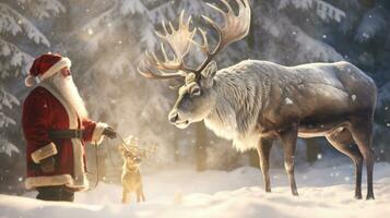 Père Noël claus est près le sien renne dans le neigeux forêt photo