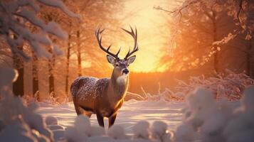 une gros cerf des stands sur une du froid hiver nuit dans une neigeux forêt. à le coucher du soleil photo