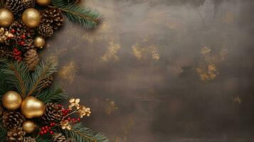 Noël pierre Contexte avec neige sapin arbre, cadeau boîte et décor. Haut vue avec copie espace photo