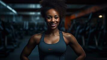 noir femme aptitude, magnifique afro américain femme avec frisé cheveux dans le Gym africain aptitude femme à santé club photo