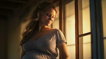 une Enceinte femme se tenait souriant dans le coin de le fenêtre avec lumière diffusion par le la fenêtre. photo