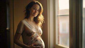 une Enceinte femme se tenait souriant dans le coin de le fenêtre avec lumière diffusion par le la fenêtre. photo