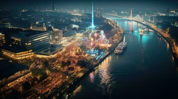 haute angle vue de Düsseldorf Festival nuit vue le long de le rivière photo