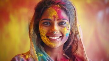 magnifique content Indien femme fête Holi avec coloré poudre ou gulal. Indien Festival Holi photo
