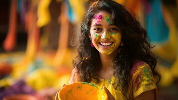 magnifique content Indien femme fête Holi avec coloré poudre ou gulal. Indien Festival Holi photo