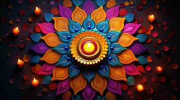 pétrole les lampes allumé sur coloré rangoli pendant diwali fête coloré argile diya les lampes avec fleurs photo