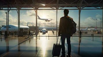 Masculin touristique des stands dans aéroport et montres avions mouche par le la fenêtre. photo