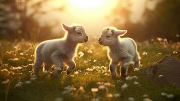 deux bébé chèvres en jouant dans le vert champ photo