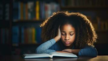 noir femelle élémentaire école étudiant séance seul dans le salle de cours en pensant à propos devoirs. là est une livre sur le table photo