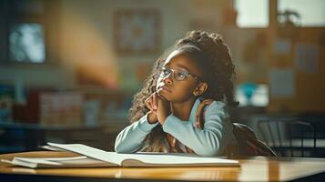 noir femelle élémentaire école étudiant séance seul dans le salle de cours en pensant à propos devoirs. là est une livre sur le table photo