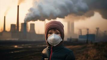 les enfants portant masques à prévenir air la pollution derrière est le usine cheminée. photo