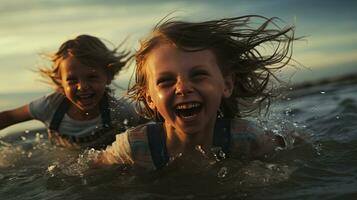 une groupe de les enfants étaient ayant amusement en jouant dans le mer. photo