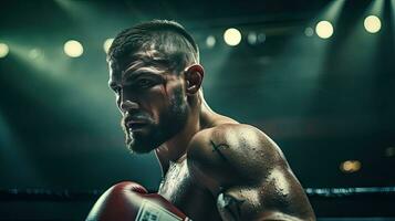 fermer de une professionnel boxeur combat dans une boxe anneau. photo