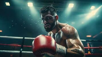 fermer de une professionnel boxeur combat dans une boxe anneau. photo