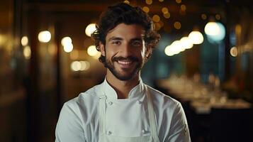 fermer coup de souriant Beau Jeune italo-américain chef dans blanc uniforme, permanent à la recherche à caméra, derrière restaurant, flou aliments. photo