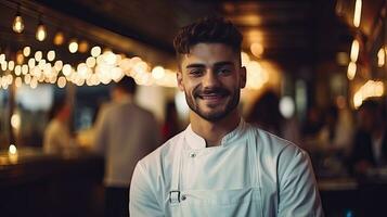 fermer coup de souriant Beau Jeune italo-américain chef dans blanc uniforme, permanent à la recherche à caméra, derrière restaurant, flou aliments. photo