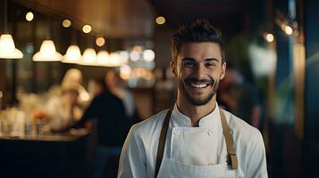 fermer coup de souriant Beau Jeune italo-américain chef dans blanc uniforme, permanent à la recherche à caméra, derrière restaurant, flou aliments. photo