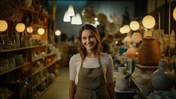 Jeune femme souriant en toute confiance à la recherche à caméra dans céramique magasin photo