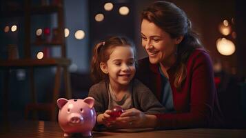 mère et fille en portant porcin banque compte des économies à nuit lumière dans maison photo