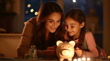 mère et fille en portant porcin banque compte des économies à nuit lumière dans maison photo