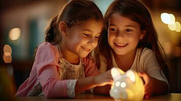 mère et fille en portant porcin banque compte des économies à nuit lumière dans maison photo