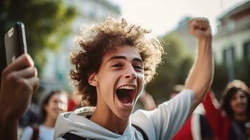 Espagnol élèves célébrer la victoire et bien nouvelles en ligne recevoir notifications et messages photo