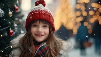 une mignonne Jeune fille des stands et sourit à la recherche à le caméra. rester sur Noël route à Regardez à le neigeux Noël arbre. photo