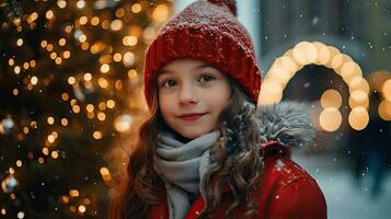 une mignonne Jeune fille des stands et sourit à la recherche à le caméra. rester sur Noël route à Regardez à le neigeux Noël arbre. photo