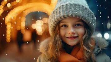 une mignonne Jeune fille des stands et sourit à la recherche à le caméra. rester sur Noël route à Regardez à le neigeux Noël arbre. photo